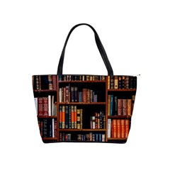 Assorted Title Of Books Piled In The Shelves Assorted Book Lot Inside The Wooden Shelf Classic Shoulder Handbag by 99art