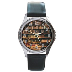 Books On Bookshelf Assorted Color Book Lot In Bookcase Library Round Metal Watch by 99art