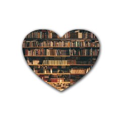 Books On Bookshelf Assorted Color Book Lot In Bookcase Library Rubber Heart Coaster (4 Pack)