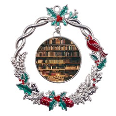 Books On Bookshelf Assorted Color Book Lot In Bookcase Library Metal X mas Wreath Holly leaf Ornament