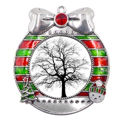 Tree-silhouette-winter-plant Metal X mas Ribbon With Red Crystal Round Ornament