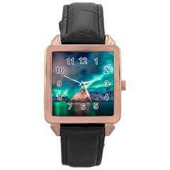 Amazing Aurora Borealis Colors Rose Gold Leather Watch 