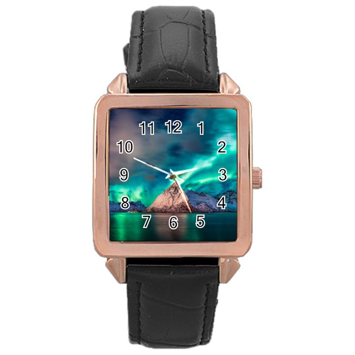 Amazing Aurora Borealis Colors Rose Gold Leather Watch 