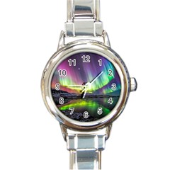 Aurora Borealis Polar Northern Lights Natural Phenomenon North Night Mountains Round Italian Charm Watch