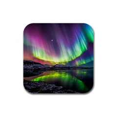 Aurora Borealis Polar Northern Lights Natural Phenomenon North Night Mountains Rubber Square Coaster (4 Pack) by B30l