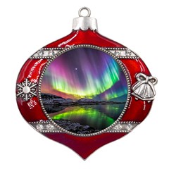 Aurora Borealis Polar Northern Lights Natural Phenomenon North Night Mountains Metal Snowflake And Bell Red Ornament by B30l
