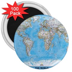 Blue White And Green World Map National Geographic 3  Magnets (100 Pack)