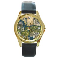 Map Illustration Gta Round Gold Metal Watch