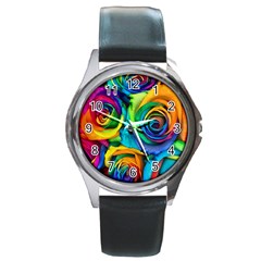 Colorful Roses Bouquet Rainbow Round Metal Watch