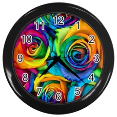 Colorful Roses Bouquet Rainbow Wall Clock (black)