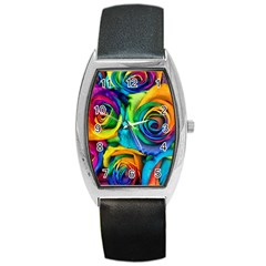 Colorful Roses Bouquet Rainbow Barrel Style Metal Watch