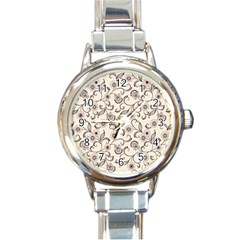 White And Brown Floral Wallpaper Flowers Background Pattern Round Italian Charm Watch