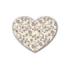 White And Brown Floral Wallpaper Flowers Background Pattern Rubber Coaster (heart)