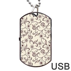 White And Brown Floral Wallpaper Flowers Background Pattern Dog Tag Usb Flash (one Side) by B30l