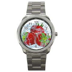 Red Strawberries Water Squirt Strawberry Fresh Splash Drops Sport Metal Watch