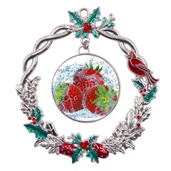 Red Strawberries Water Squirt Strawberry Fresh Splash Drops Metal X mas Wreath Holly Leaf Ornament by B30l