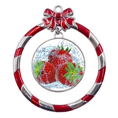 Red Strawberries Water Squirt Strawberry Fresh Splash Drops Metal Red Ribbon Round Ornament by B30l