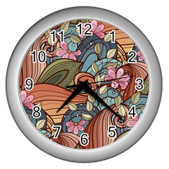 Multicolored Flower Decor Flowers Patterns Leaves Colorful Wall Clock (silver)