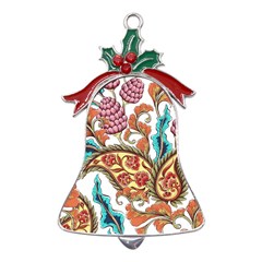 Flowers Pattern Texture White Background Paisley Metal Holly Leaf Bell Ornament by danenraven