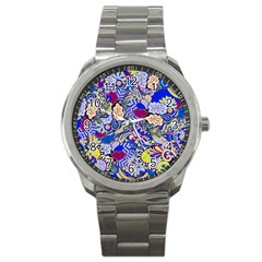 Blue Yellow Background Pattern Vector Texture Paisley Sport Metal Watch by danenraven