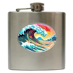 Ai Generated Waves Ocean Sea Tsunami Nautical Blue Sea (2) Hip Flask (6 Oz)