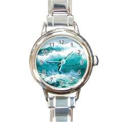 Ai Generated Waves Ocean Sea Tsunami Nautical Blue Sea Round Italian Charm Watch