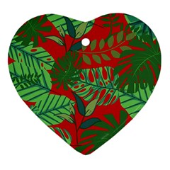 Leaves Leaf Nature Pattern Red Green Ornament (heart)