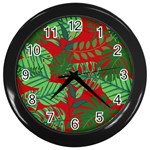 Leaves Leaf Nature Pattern Red Green Wall Clock (Black) Front