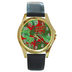 Leaves Leaf Nature Pattern Red Green Round Gold Metal Watch