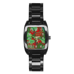 Leaves Leaf Nature Pattern Red Green Stainless Steel Barrel Watch by Cowasu