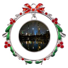 New York Night Central Park Skyscrapers Skyline Metal X mas Wreath Ribbon Ornament by Cowasu