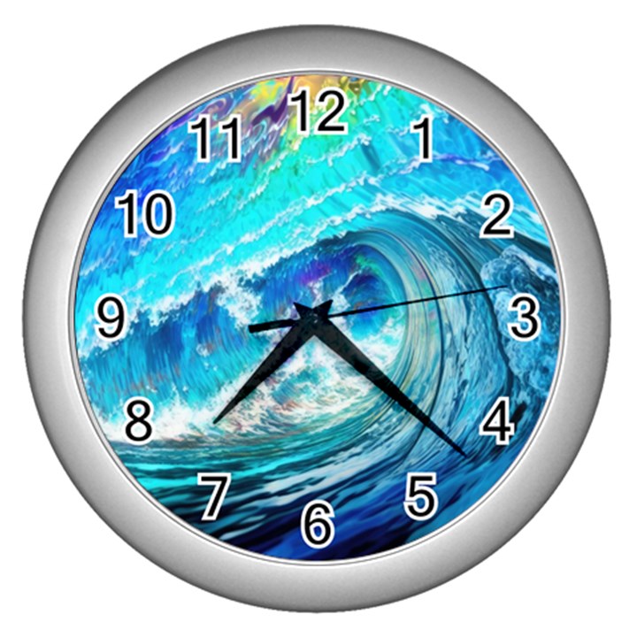 Tsunami Waves Ocean Sea Nautical Nature Water Painting Wall Clock (Silver)