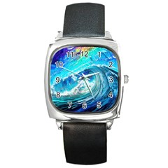 Tsunami Waves Ocean Sea Nautical Nature Water Painting Square Metal Watch