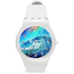 Tsunami Waves Ocean Sea Nautical Nature Water Painting Round Plastic Sport Watch (M)