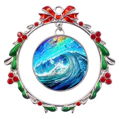 Tsunami Waves Ocean Sea Nautical Nature Water Painting Metal X mas Wreath Ribbon Ornament