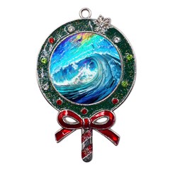 Tsunami Waves Ocean Sea Nautical Nature Water Painting Metal X Mas Lollipop with Crystal Ornament