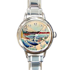 Wave Japanese Mount Fuji Woodblock Print Ocean Round Italian Charm Watch by Cowasu