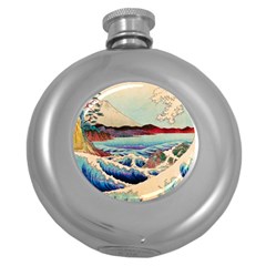 Wave Japanese Mount Fuji Woodblock Print Ocean Round Hip Flask (5 Oz)