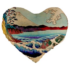 Wave Japanese Mount Fuji Woodblock Print Ocean Large 19  Premium Heart Shape Cushions by Cowasu
