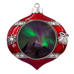 Fantasy Pyramid Mystic Space Aurora Metal Snowflake And Bell Red Ornament by Cowasu