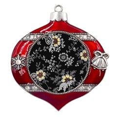 White And Yellow Floral And Paisley Illustration Background Metal Snowflake And Bell Red Ornament by Cowasu