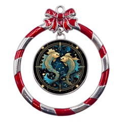 Fish Star Sign Metal Red Ribbon Round Ornament