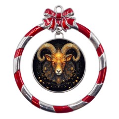 Aries Star Sign Metal Red Ribbon Round Ornament