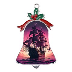 Ship Pirate Adventure Landscape Ocean Sun Heaven Metal Holly Leaf Bell Ornament by Ndabl3x