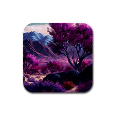 Landscape Painting Purple Tree Rubber Square Coaster (4 Pack) by Ndabl3x