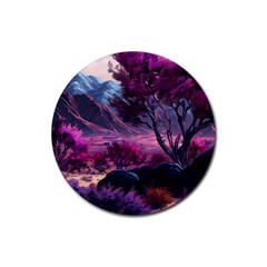 Landscape Painting Purple Tree Rubber Coaster (round) by Ndabl3x