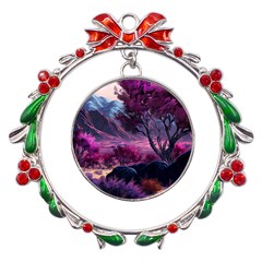 Landscape Painting Purple Tree Metal X mas Wreath Ribbon Ornament