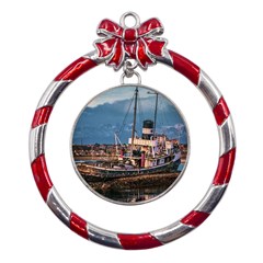 End Of The World: Nautical Memories At Ushuaia Port, Argentina Metal Red Ribbon Round Ornament by dflcprintsclothing