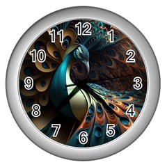 Peacock Bird Feathers Plumage Colorful Texture Abstract Wall Clock (silver)