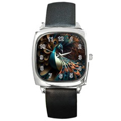 Peacock Bird Feathers Plumage Colorful Texture Abstract Square Metal Watch